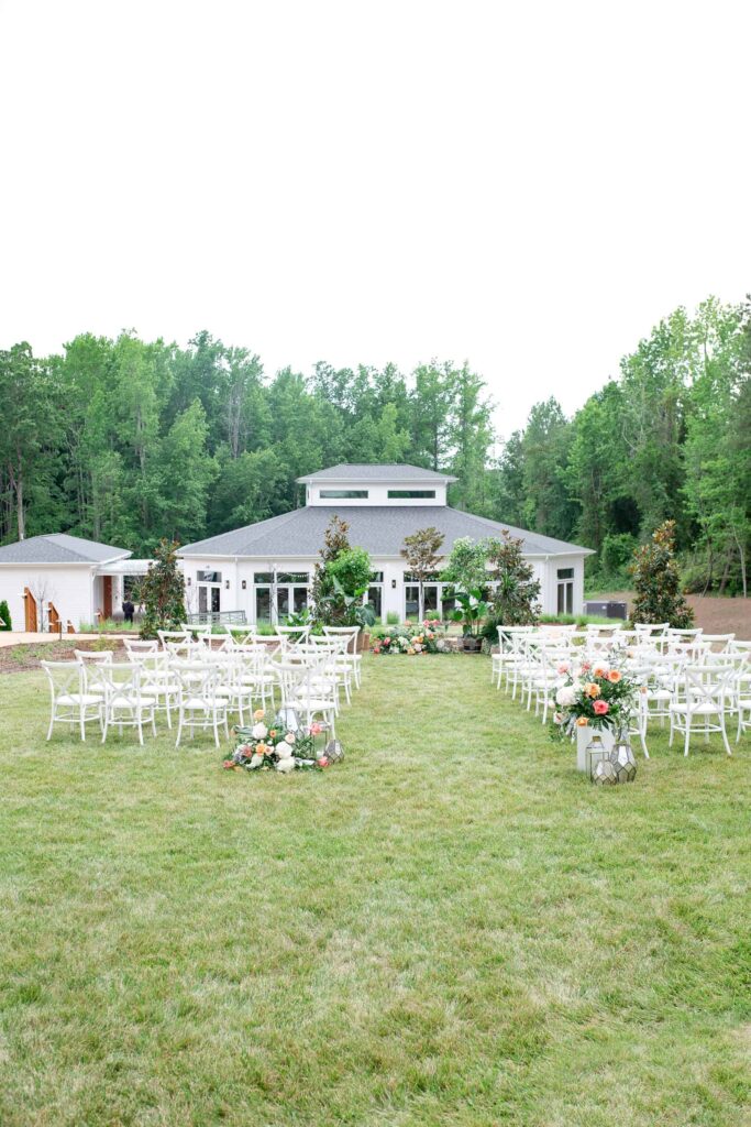 wedding ceremony setup at the Magnolia lawn at the Upchurch venue in Cary, NC