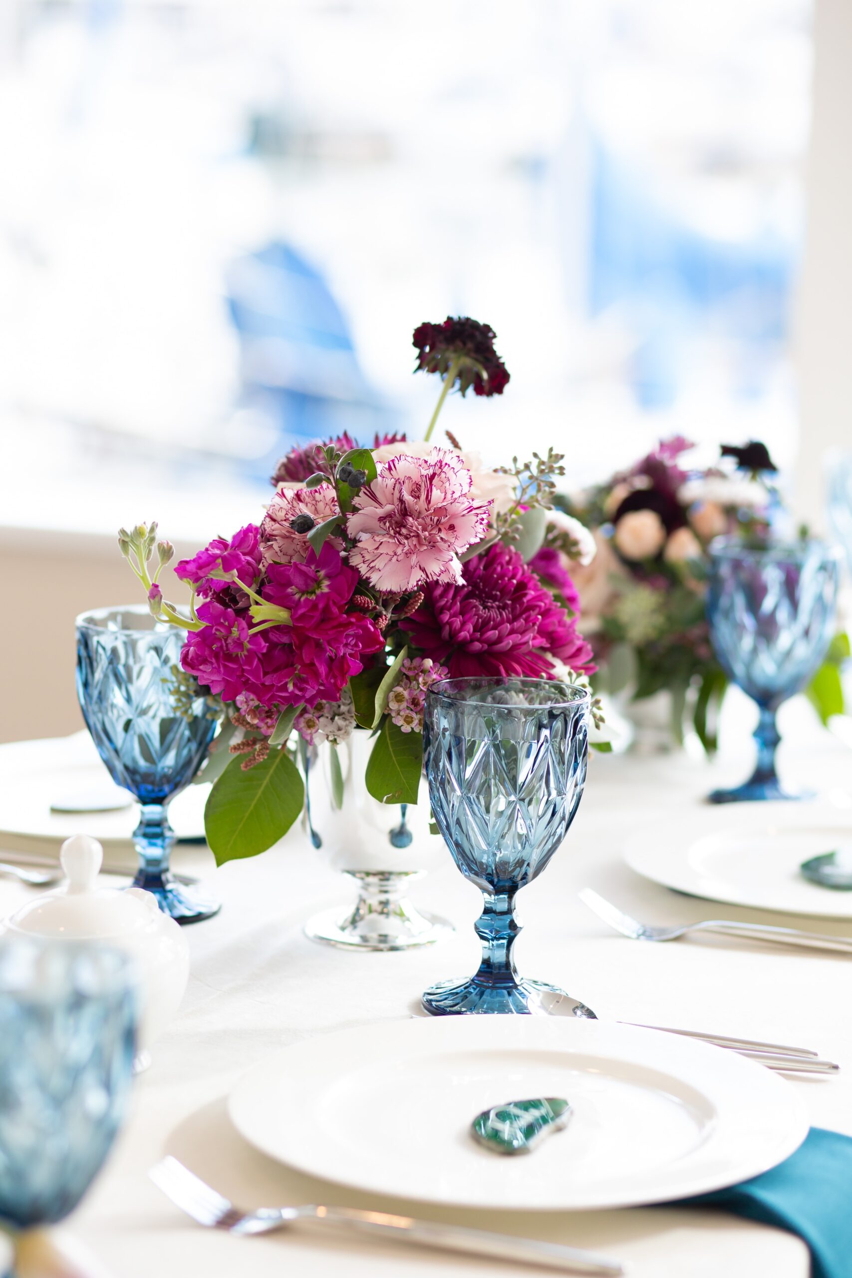 purple flower arrangement at the Southerland wedding reception