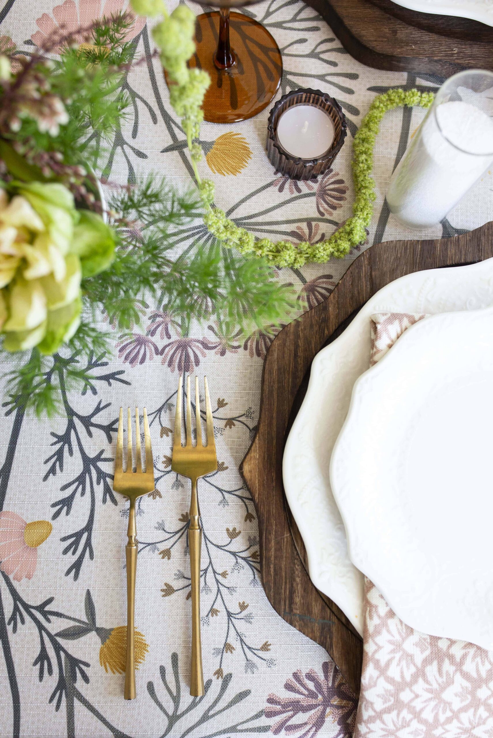 Curated Events floral tablecloth for a spring wedding