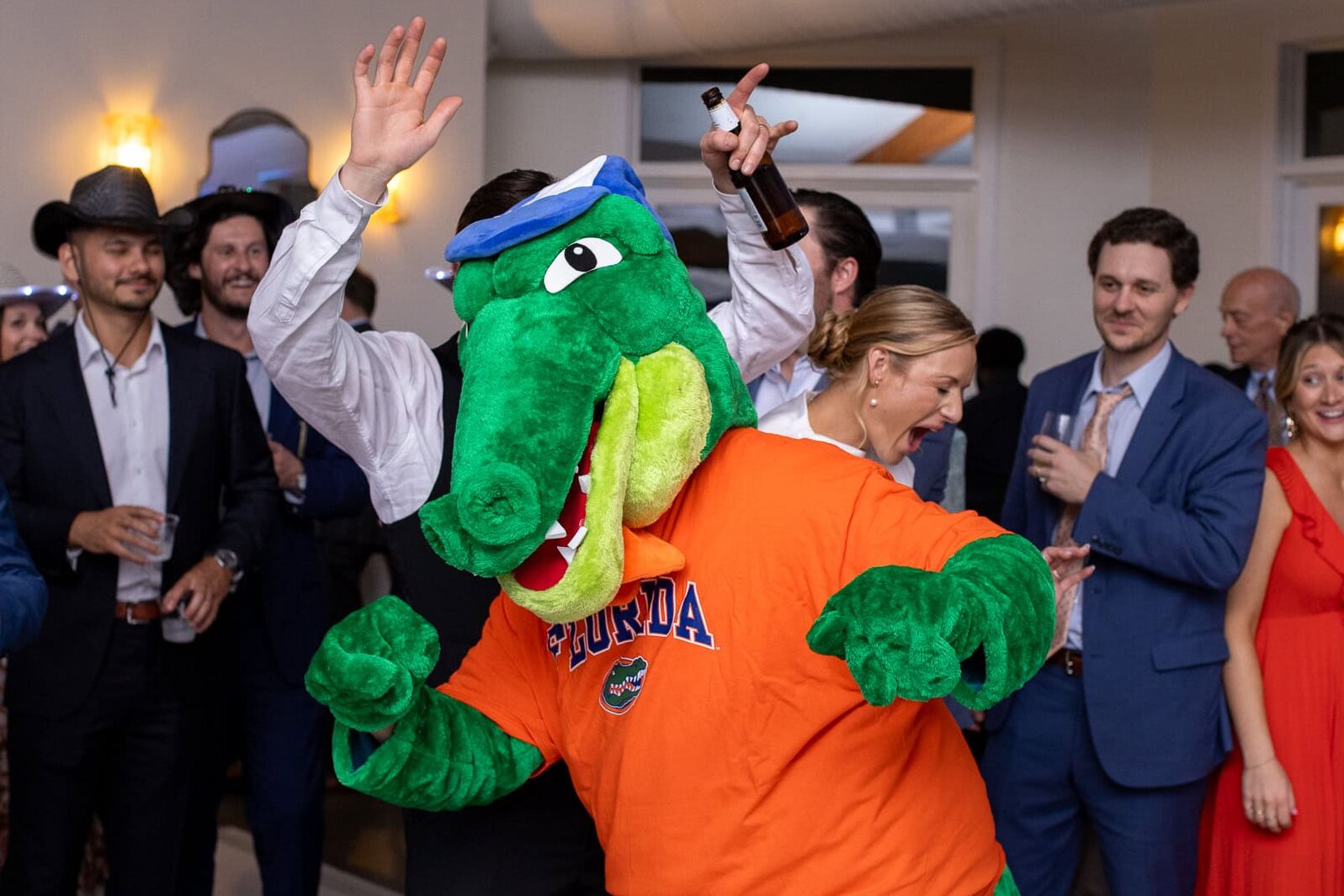 surprise mascot florida gators visits wedding reception at the Upchurch venue.